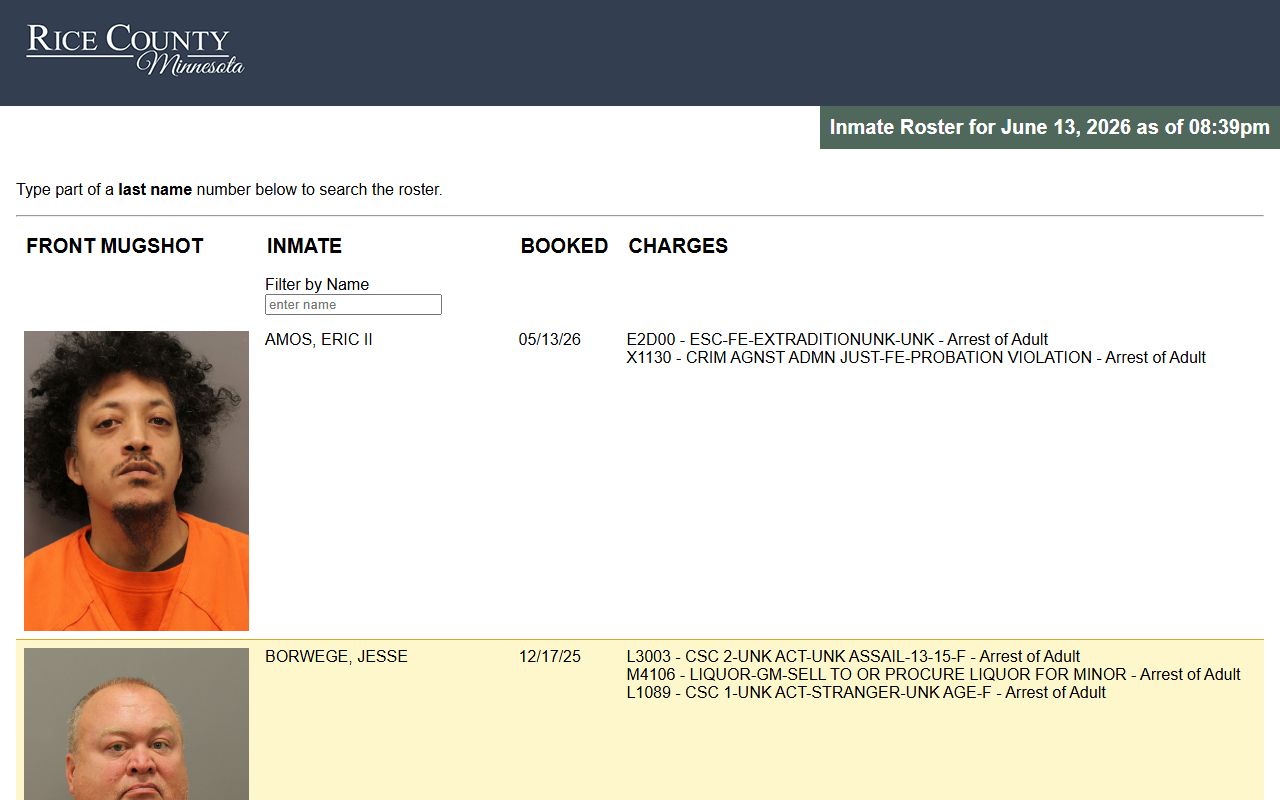 Rice County inmate population roster with mugshots, booked dates, and charges